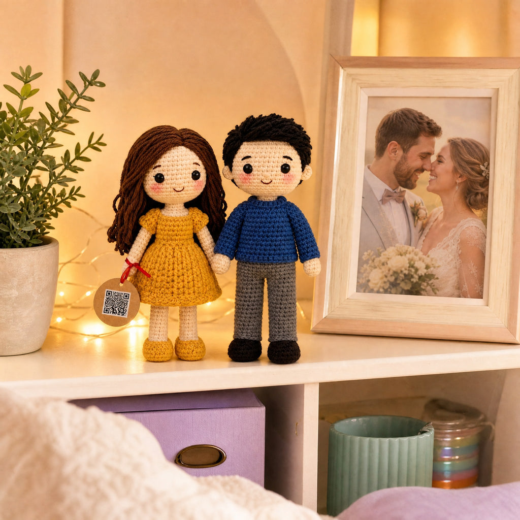 Crochet dolls on a bedroom shelf